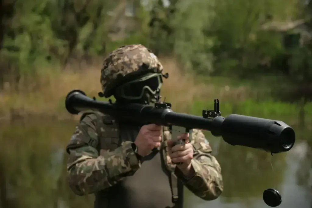 A soldier conducts training in shooting with an RPG
