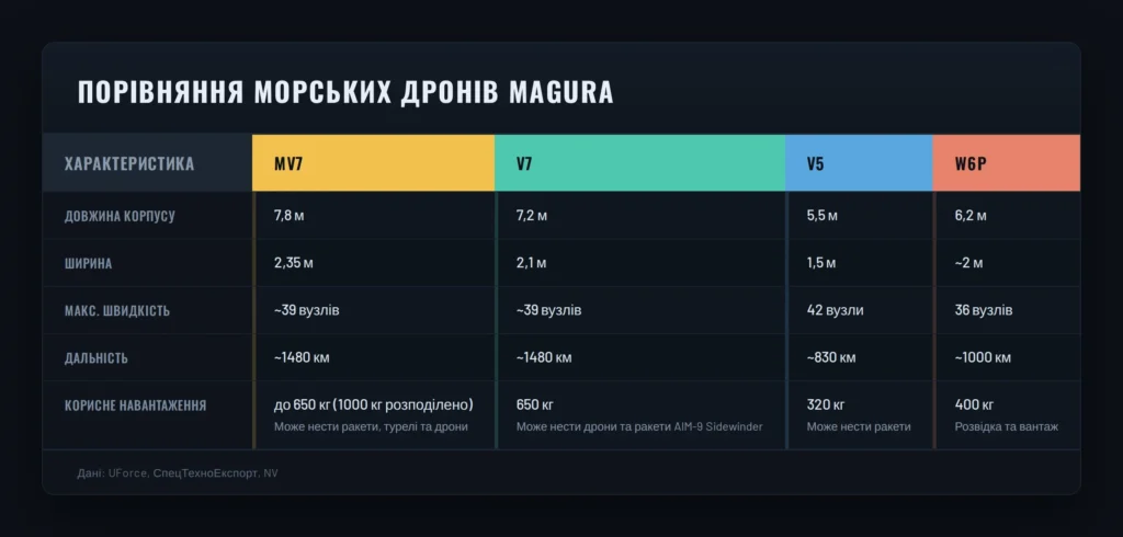 Порівняння характеристик дронів Magura (Інфографіка: ШІ)