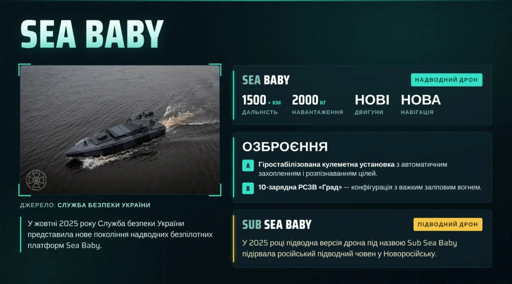 Порівняння характеристик дронів Sea Baby (Інфографіка: ШІ)