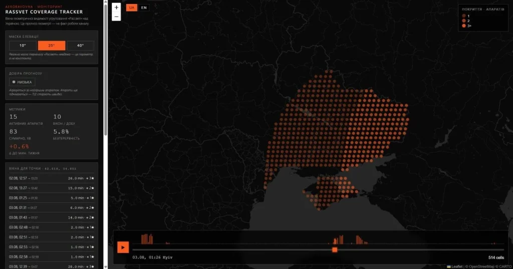 Зона покриття російських супутників "Рассвет" над Україною