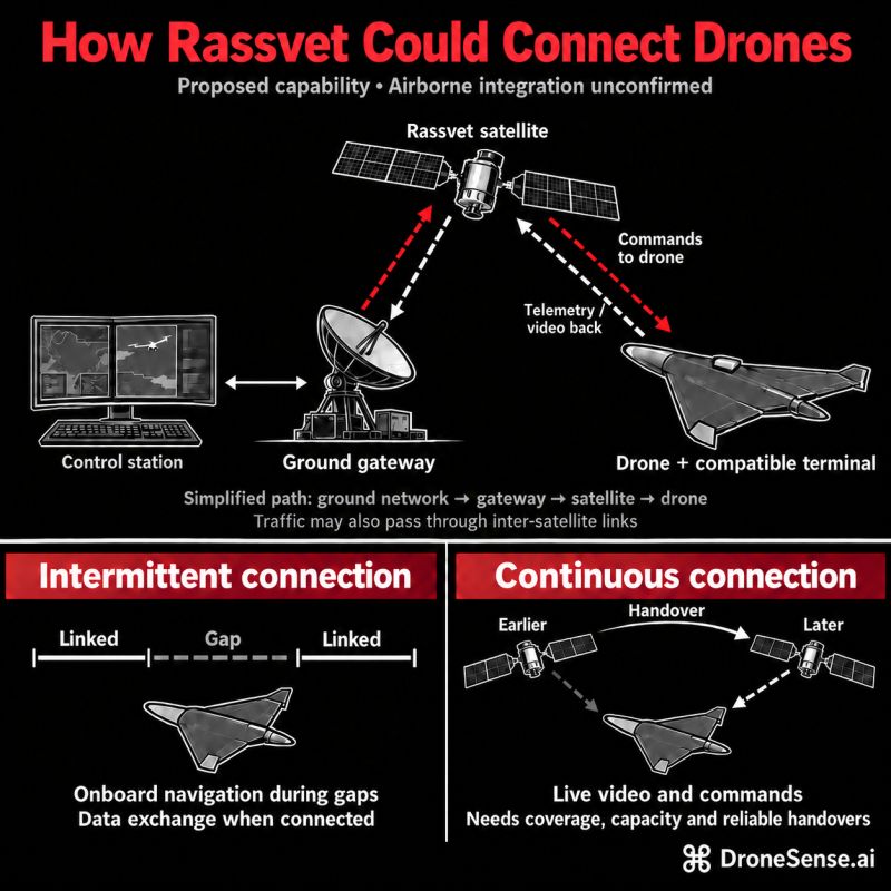 Схема можливого застосування супутникового зв'язку для управління дронами